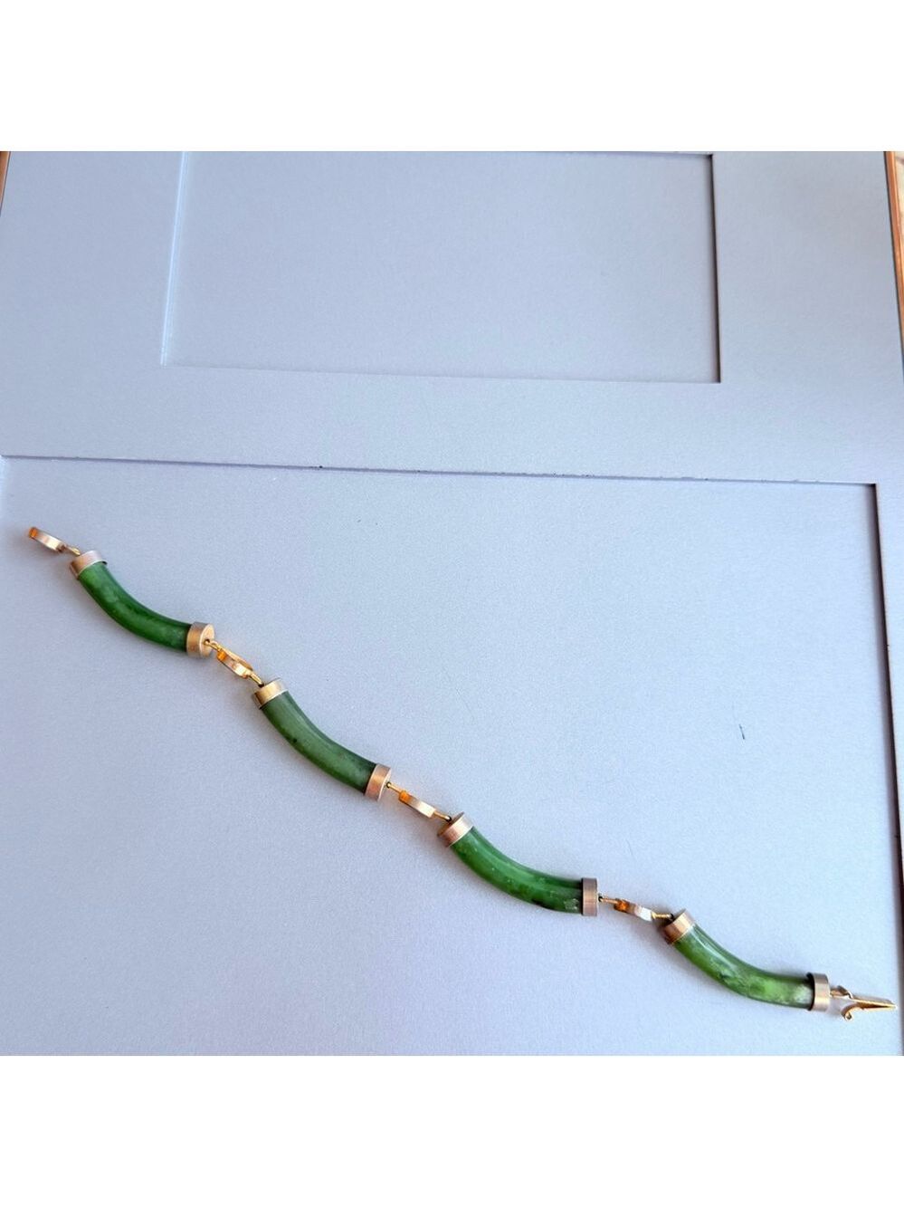 4 Lucky Wishes Natural Green Jade Nephrite Gold Tone Link Vintage Bracelet - Picture 7 of 9